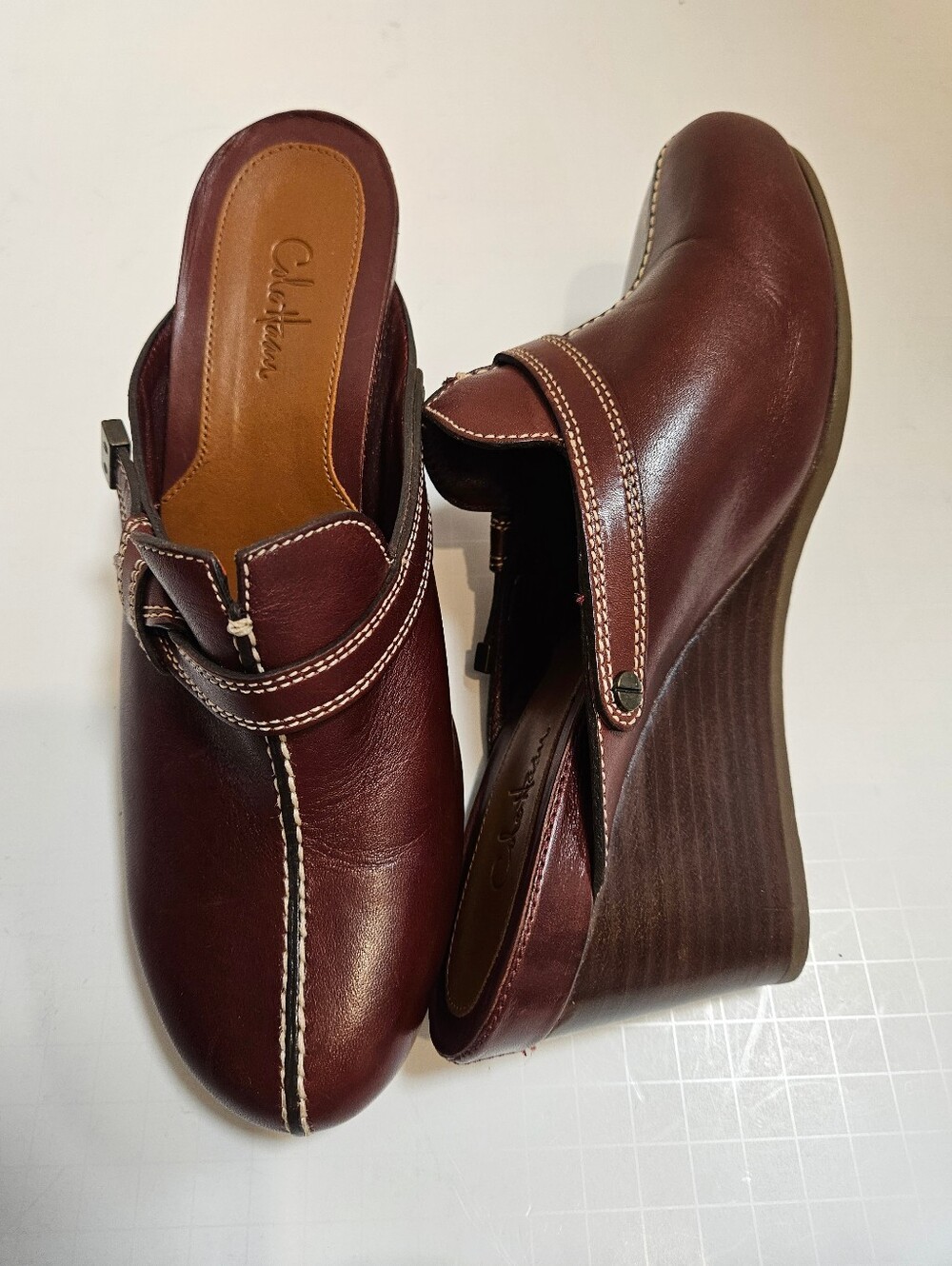 Cole Haan Women's Brown Leather Clog Mule Wedges Shoes Size 8.5 B Made in Brazil